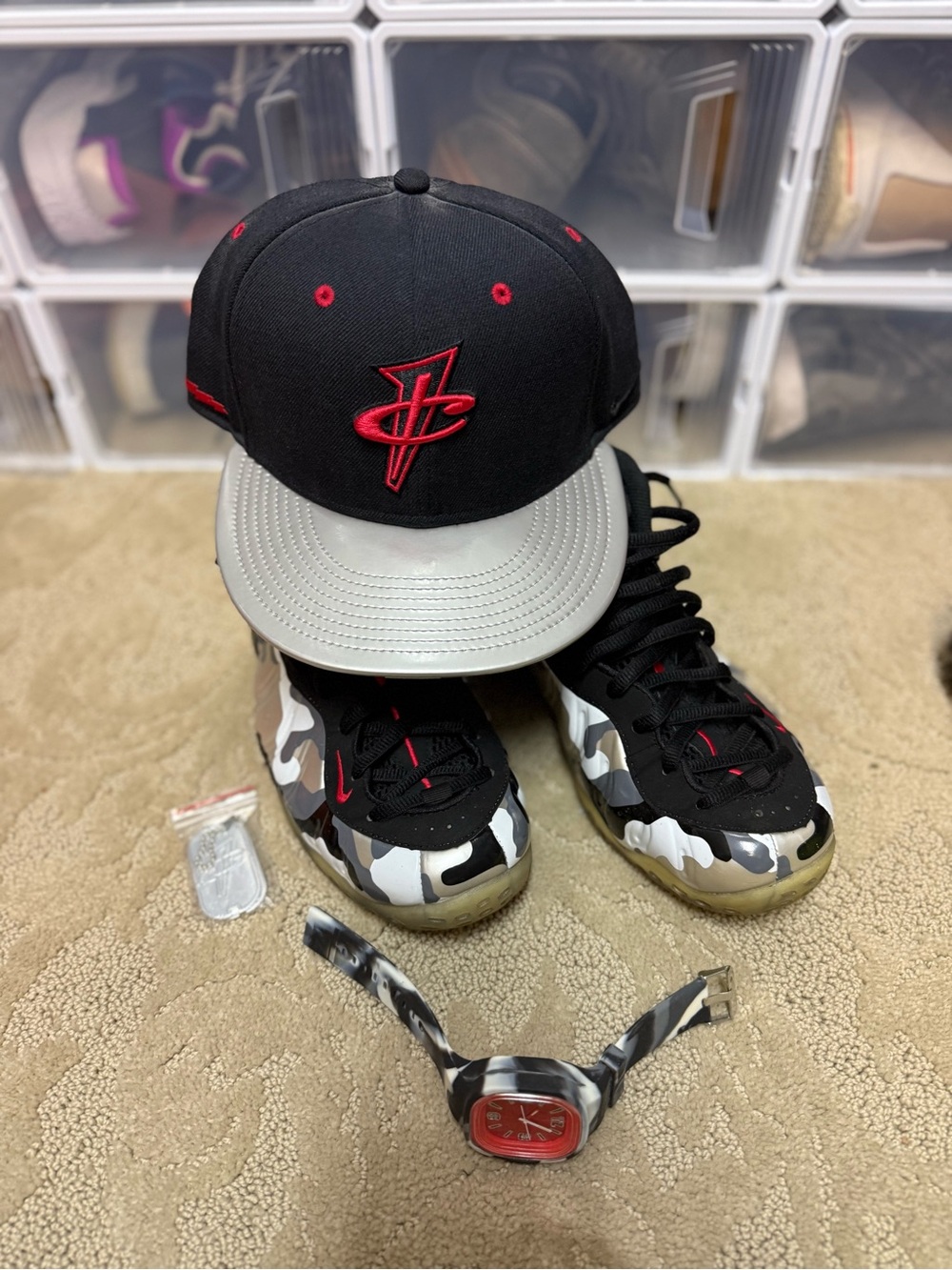 Nike Air Foamposite One Fighter Jet with a matching hat and watch